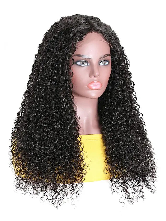 A mannequin head showcasing a full lace frontal wig with a textured, pre-plucked hairline, in natural black color and a curly hairstyle.
