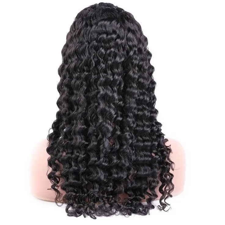 Back of a mannequin head showcasing a full lace frontal wig with a textured, pre-plucked hairline, in natural black color and a curly hairstyle.