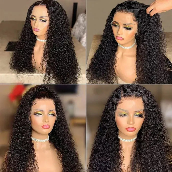 collage of mannequin heads showcasing a full lace frontal wig with a textured, pre-plucked hairline, in natural black color and a curly hairstyle.