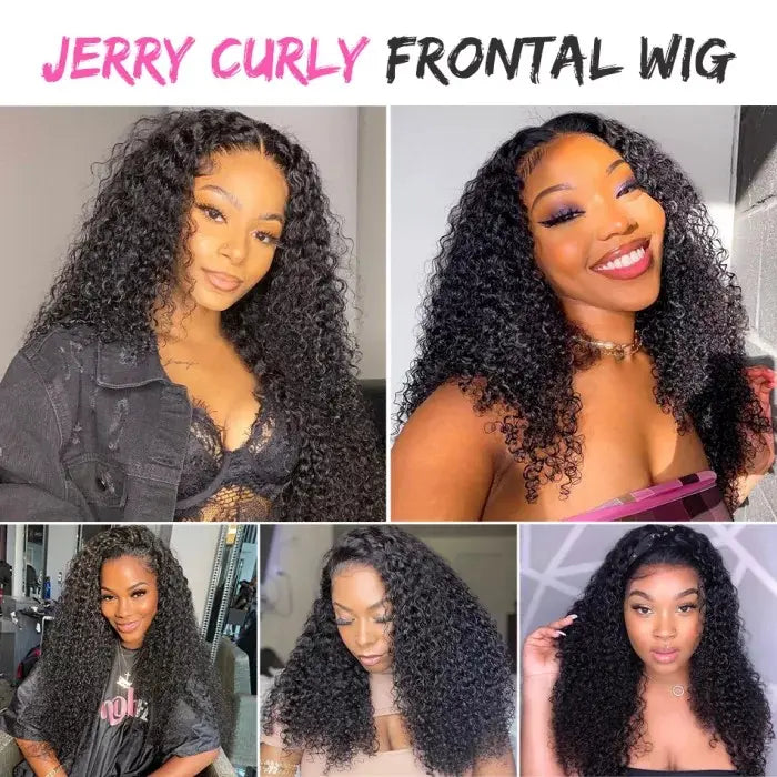 collage of women showcasing a full lace frontal wig with a textured, pre-plucked hairline, in natural black color and a curly hairstyle.
