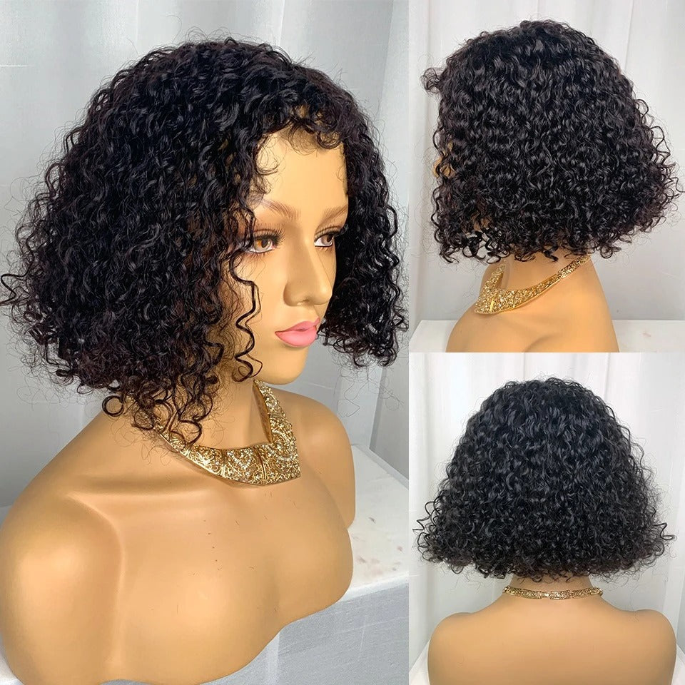 Kinky Curly Bob Lace Closure Wig made from 100% unprocessed human hair, featuring soft, bouncy curls, a natural lace closure for a seamless look, and a short, voluminous bob style. Perfect for a natural, effortless appearance.