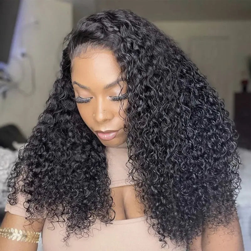 Jerry Curly Transparent 13*4 Lace Frontal Virgin Hair Wig in natural black, styled on a model with voluminous curls and a flawless hairline.