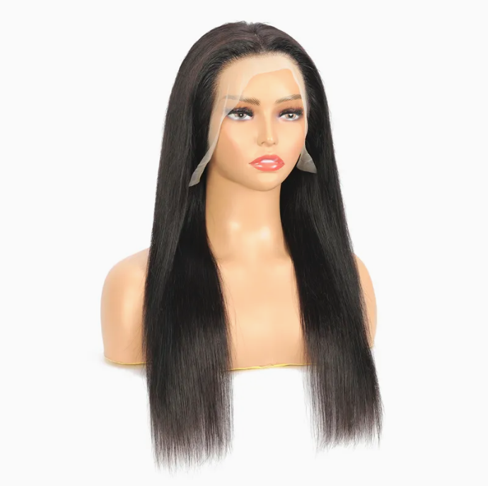 Mannequin head with a black straight wig on a white background