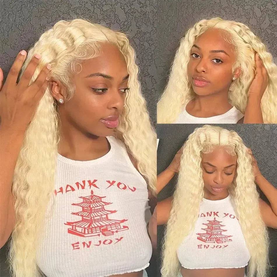 Turn heads with our Deep Wave 613 Blonde HD Lace Frontal Wig, pre-plucked with baby hairs for a natural look. Made from 100% human hair, it features soft, defined deep waves and an HD lace frontal that melts seamlessly into your skin, creating an undetectable, flawless hairline.