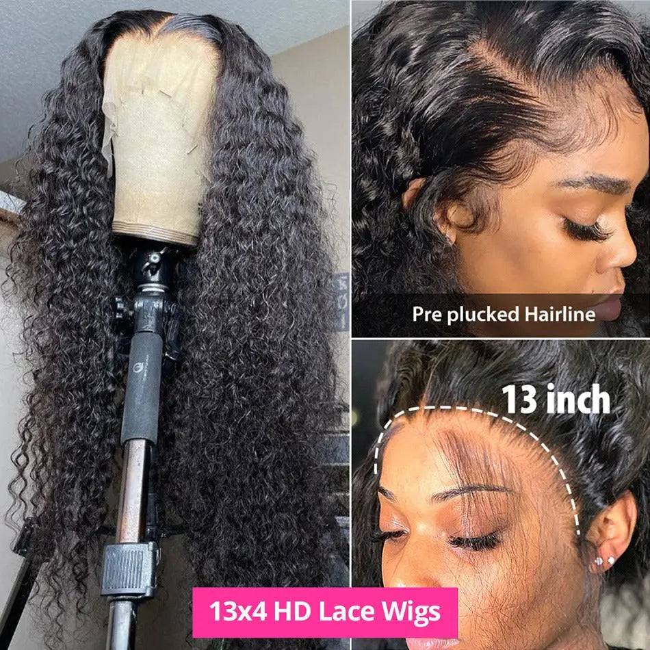 Deep Wave HD 13x4 Lace Frontal Wig displayed on a mannequin, showing pre-plucked hairline and 13-inch lace frontal for a seamless fit.
