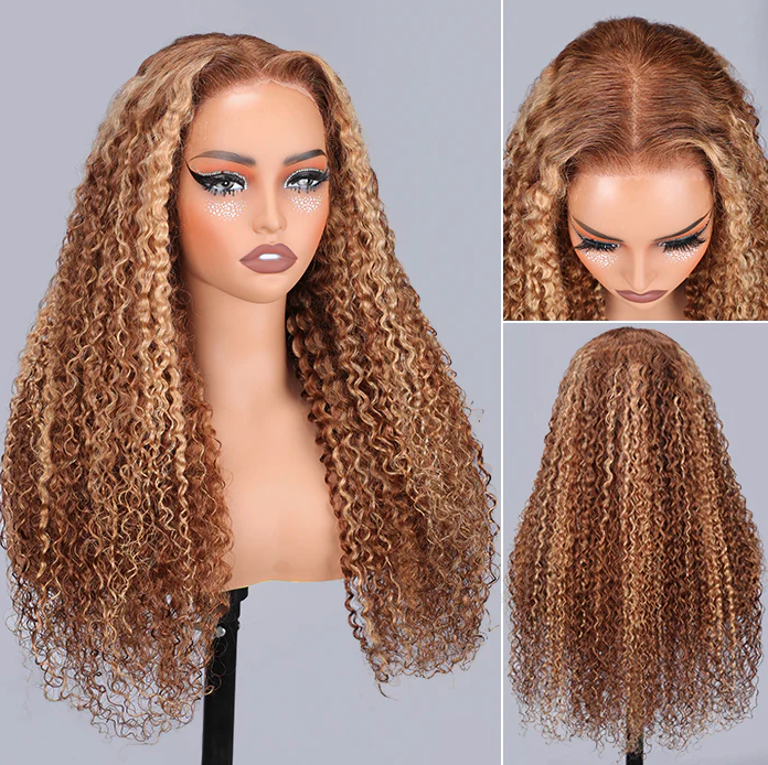 Brown and blonde curly wig on a mannequin head with close-up views.