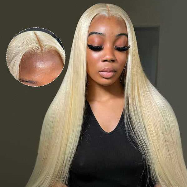 Woman with long blonde hair wearing an invisible HD lace wig, with a close-up of the natural hairline.