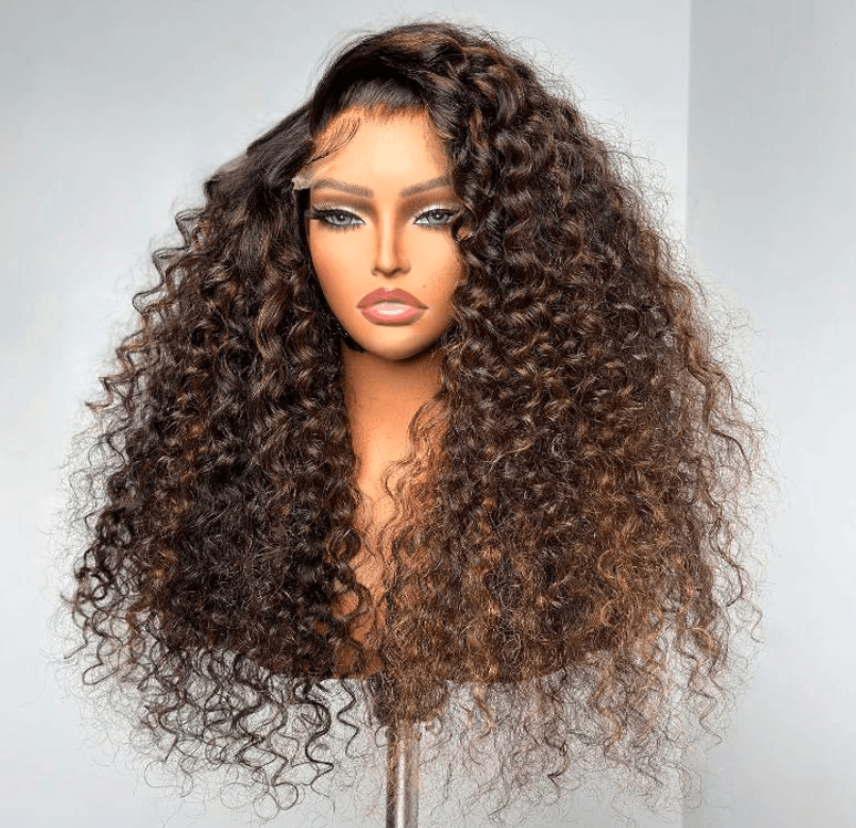 Glueless P1B-30 Highlight Wear & Go HD Wig with voluminous curly texture and pre-cut 7x5 lace, made from 100% human hair for natural look.