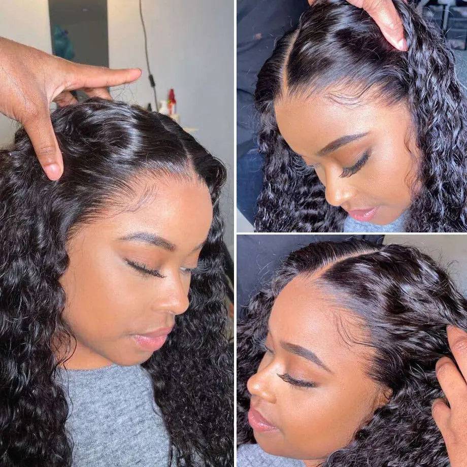 Close-up of Deep Wave HD Pre-Plucked 13x4 Lace Frontal Wig, highlighting the natural hairline and deep wave texture.