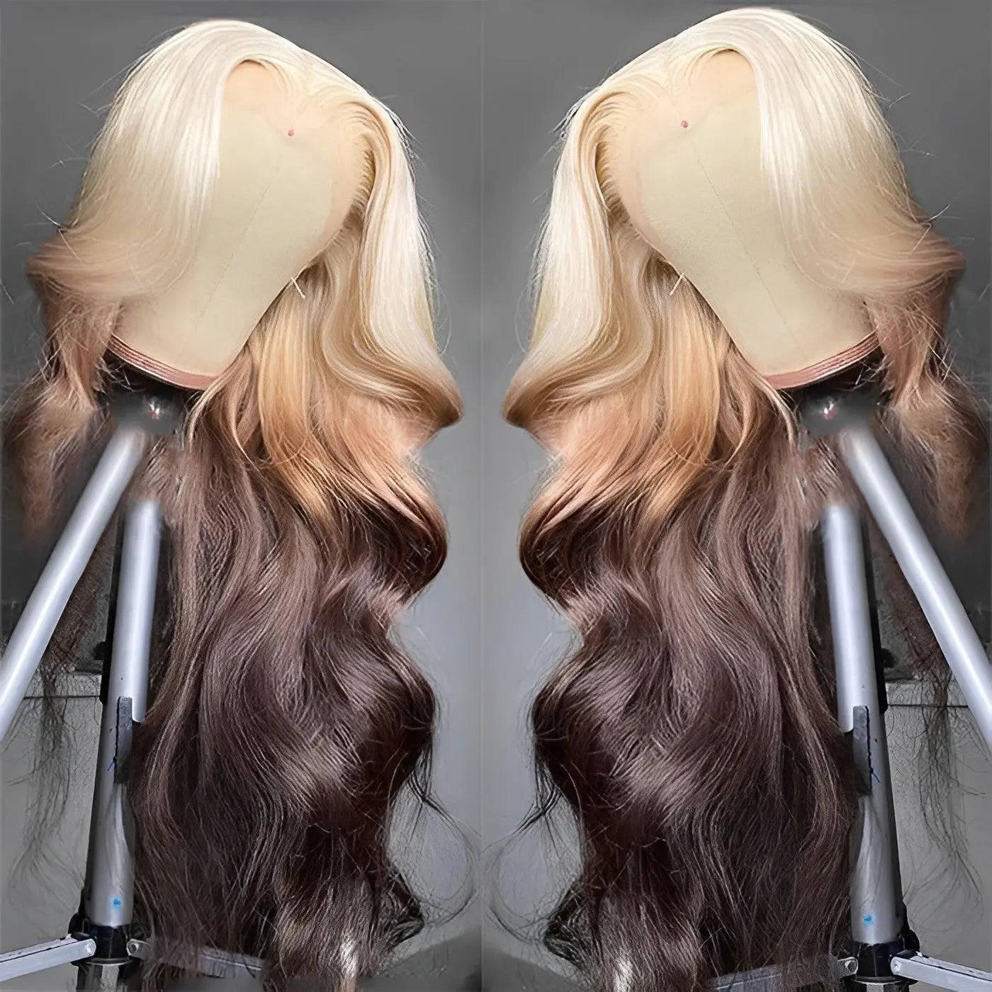 Blonde ombre brown transparent pre-plucked body wave middle part wig displayed on a mannequin stand, showcasing its wavy texture and natural hairline.