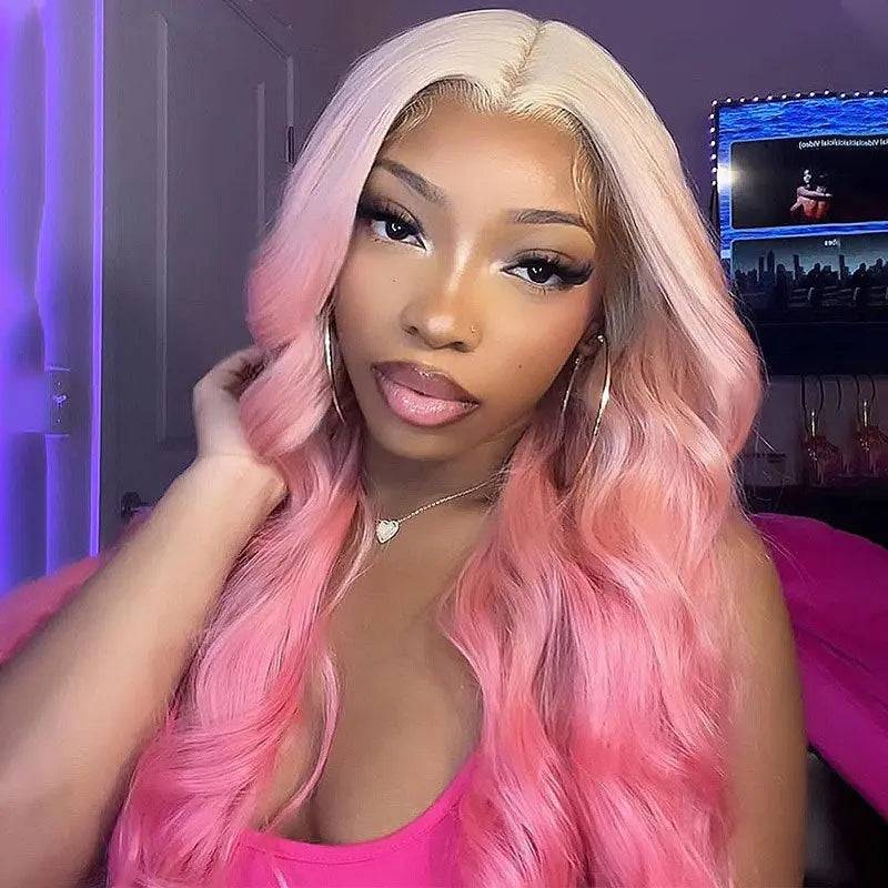 Blonde ombre pink lace frontal wig with pre-plucked hairline, styled in soft waves. Made from 100% human hair for a natural look and comfort.