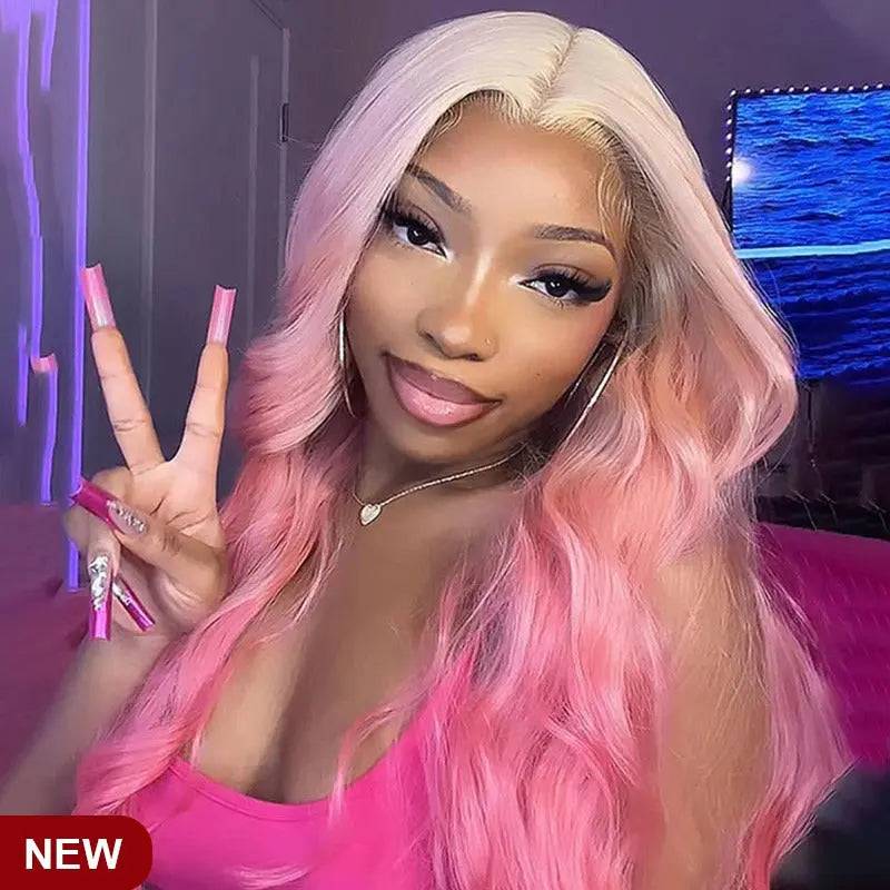 Premium quality blonde ombre pink lace frontal wig with a middle part, featuring a pre-plucked hairline for a seamless blend and stylish appeal.