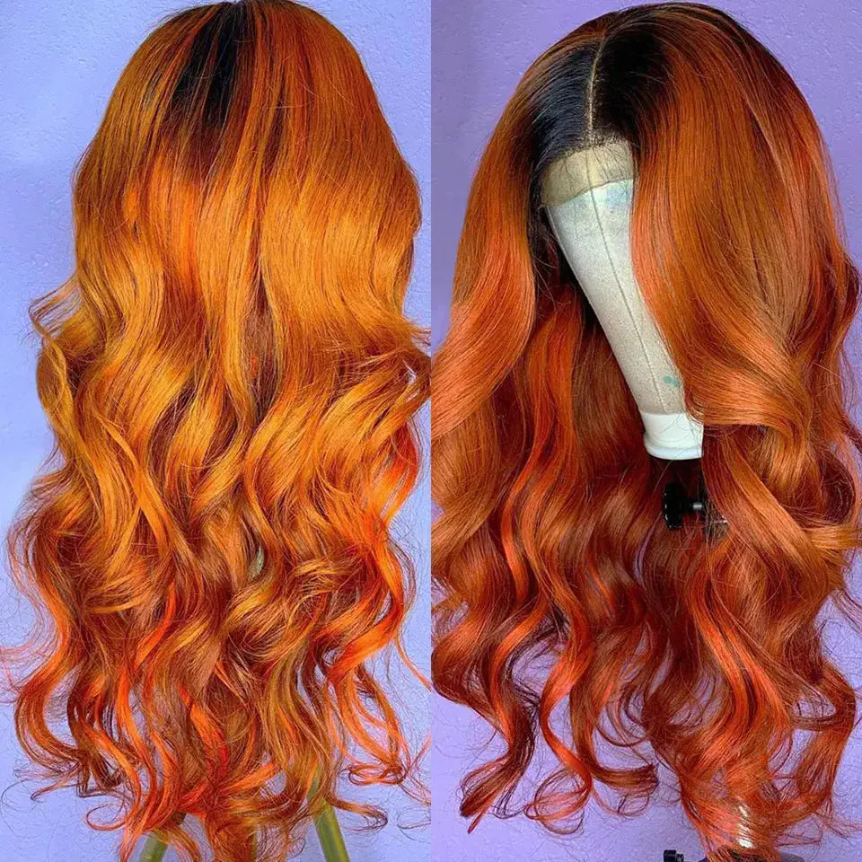 Body Wave 1B/350# Ginger Transparent Human Closure Wig BU HAIR LLC