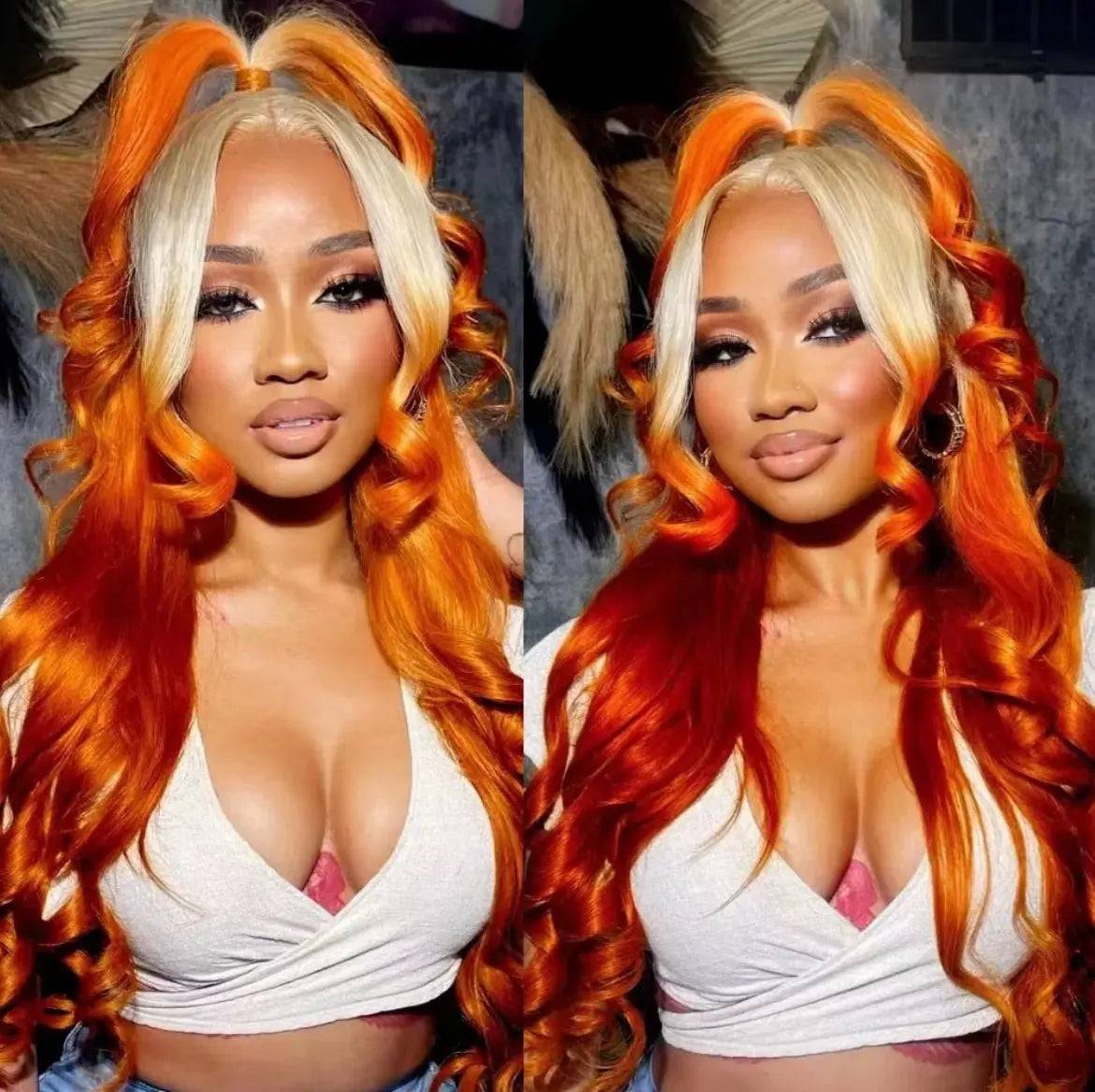 Body wave ombre blonde and orange lace pre-plucked wig styled in twin ponytails with voluminous curls. 100% human hair, 180% density, HD lace.