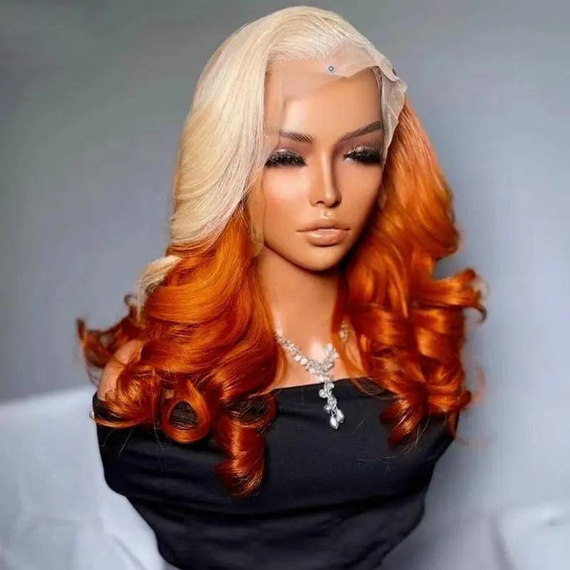 Mannequin wearing a body wave ombre blonde and orange lace pre-plucked wig with soft curls. Transparent HD lace for a natural hairline.