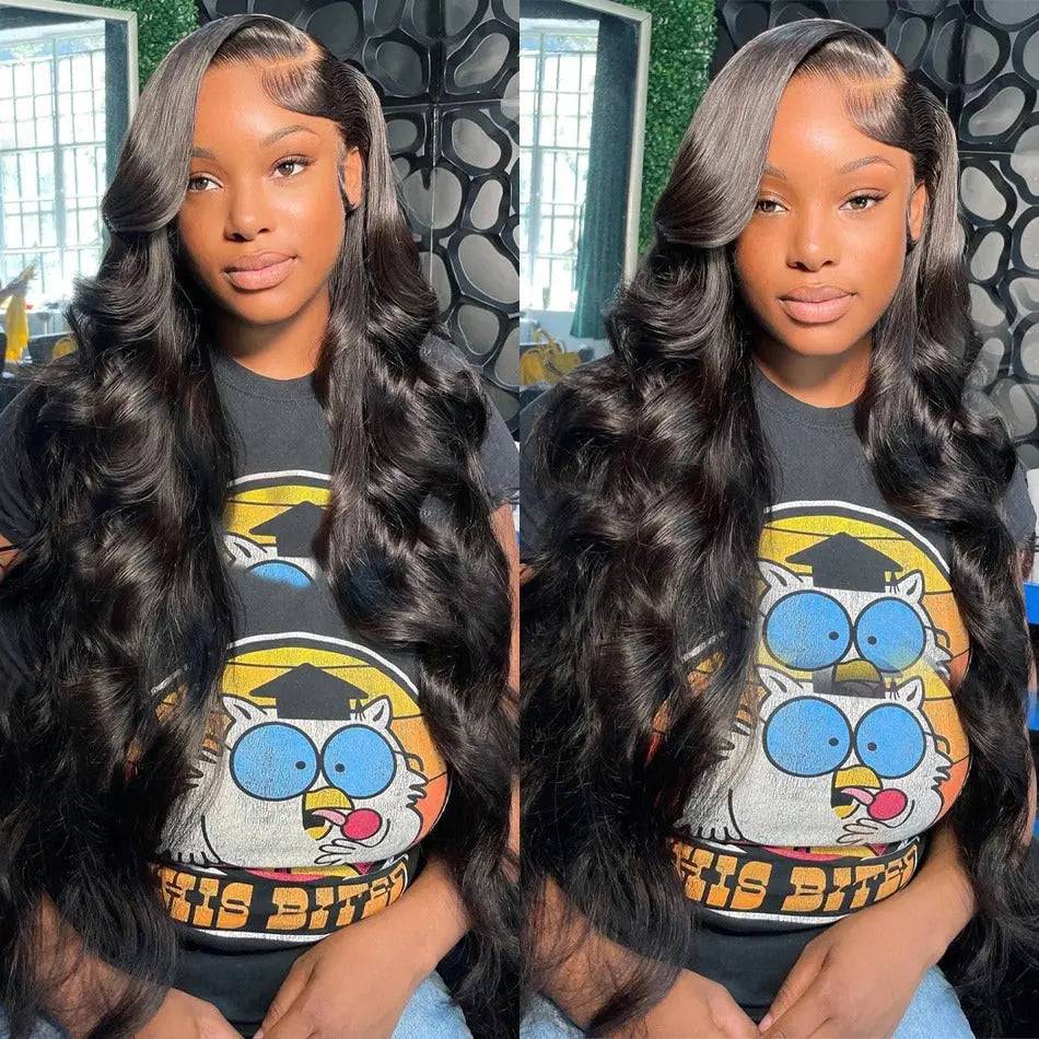 Body Wave Pre-Bleached HD Lace Frontal 13*6 Human Hair Wig in natural black, styled with soft curls for a voluminous look.