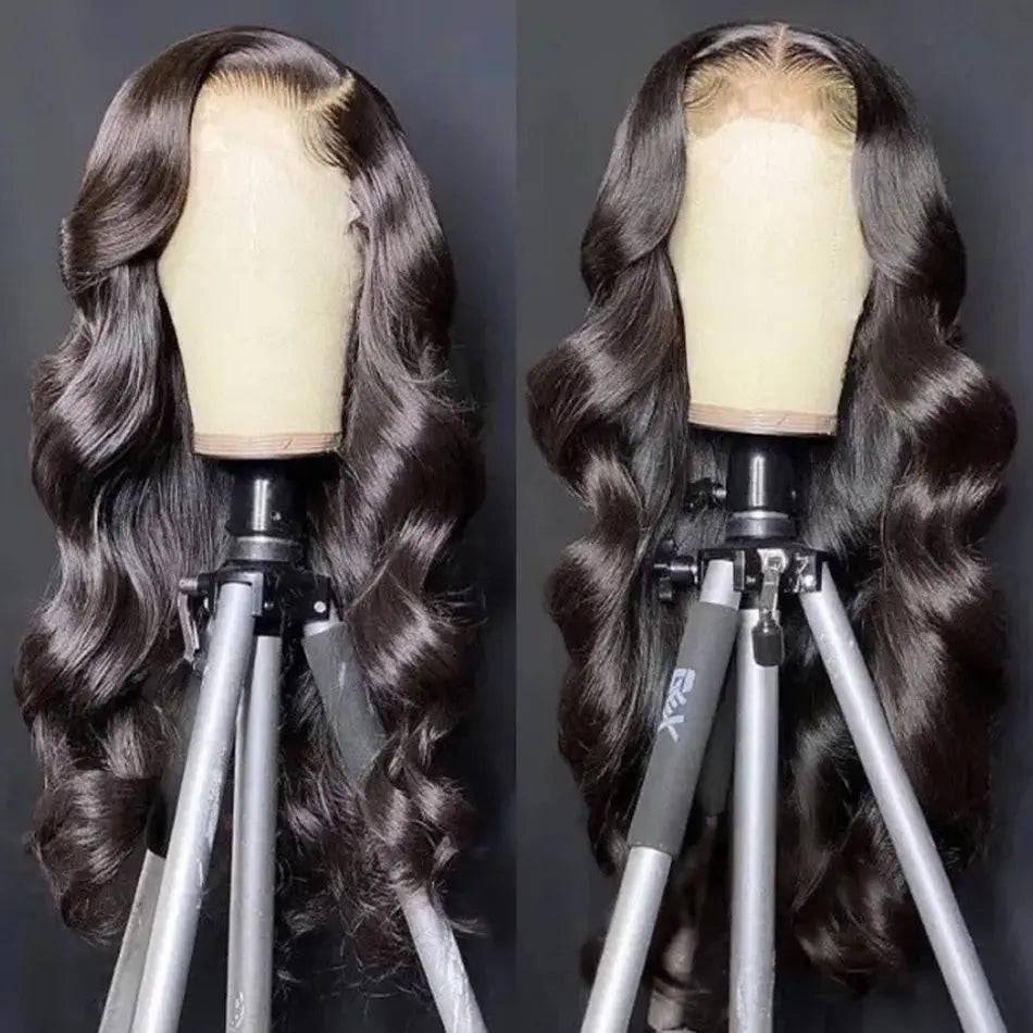 Mannequin displaying Body Wave Pre-Bleached HD Lace Frontal 13*6 Human Hair Wig with natural black color and undetectable lace.