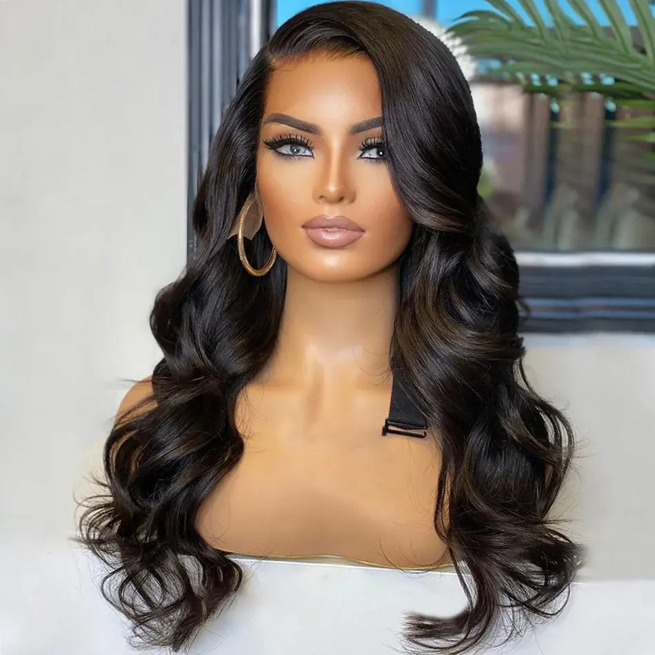 Body Wave Transparent Pre-Bleached Lace Frontal Wig on mannequin with natural black color and soft curls, 180% density for a voluminous look.