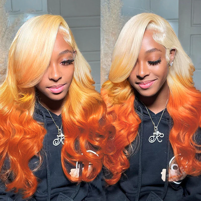 collage Close-up of a woman wearing a body wave ombre blonde and orange lace pre-plucked wig 