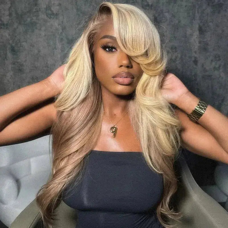Champagne brown ombre body wave HD lace wig with side-swept bangs, styled on a model. 100% human hair with a natural, voluminous look.