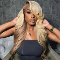 Champagne brown ombre body wave HD lace wig with side-swept bangs, styled on a model. 100% human hair with a natural, voluminous look.