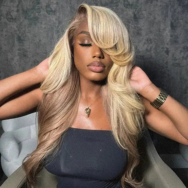 Champagne brown ombre body wave HD lace wig with soft curls, worn by a model. Features pre-plucked hairline for a seamless blend.