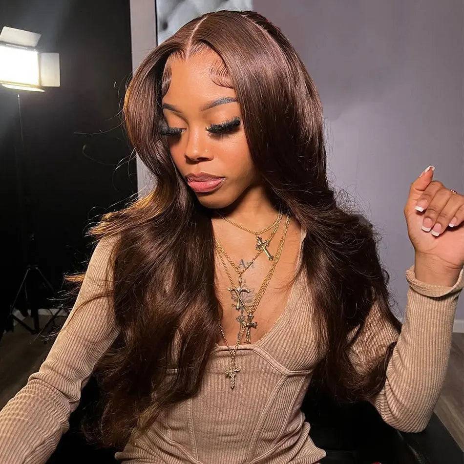 Chestnut brown body wave human hair wig with 5x5 lace front, worn by a model. Features 180% density for a voluminous, natural look.