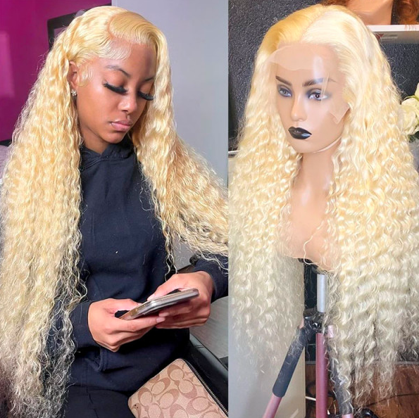 Person with long blonde wig and a mannequin head with a similar wig, both on a blurred background.