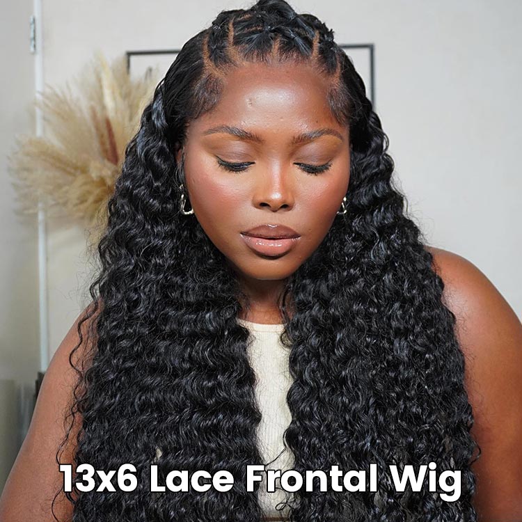 Woman wearing a 13x6 lace frontal wig with a neutral background
