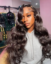 Model wearing Ear To Ear 13*4 PRE-ALL HD Lace Frontal Wavy Wig with deep waves and natural black color, styled with baby hairs for a flawless look.