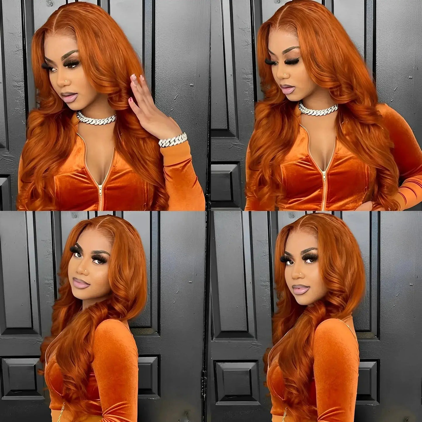 Collage of a model wearing the Ginger #350 orange body wave wig, showcasing its voluminous curls and seamless 5*5 transparent lace closure.
