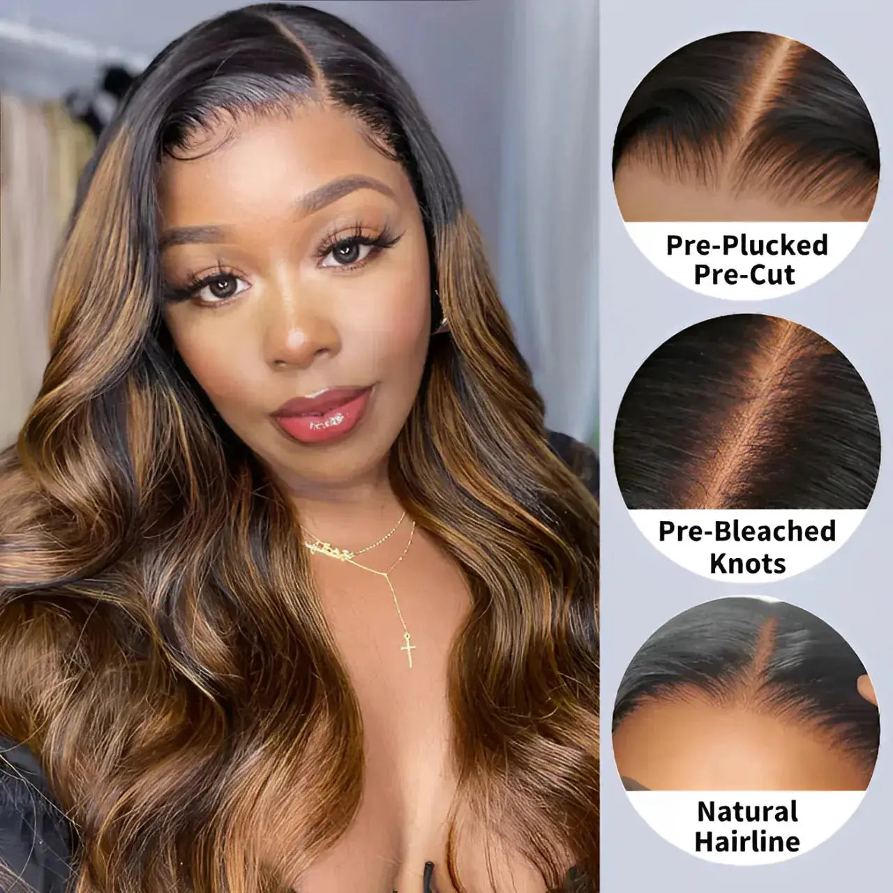 Glueless Balayage Brown Highlight 7*5 HD Body Wave Invisble Knot Closure Wig BU HAIR LLC
