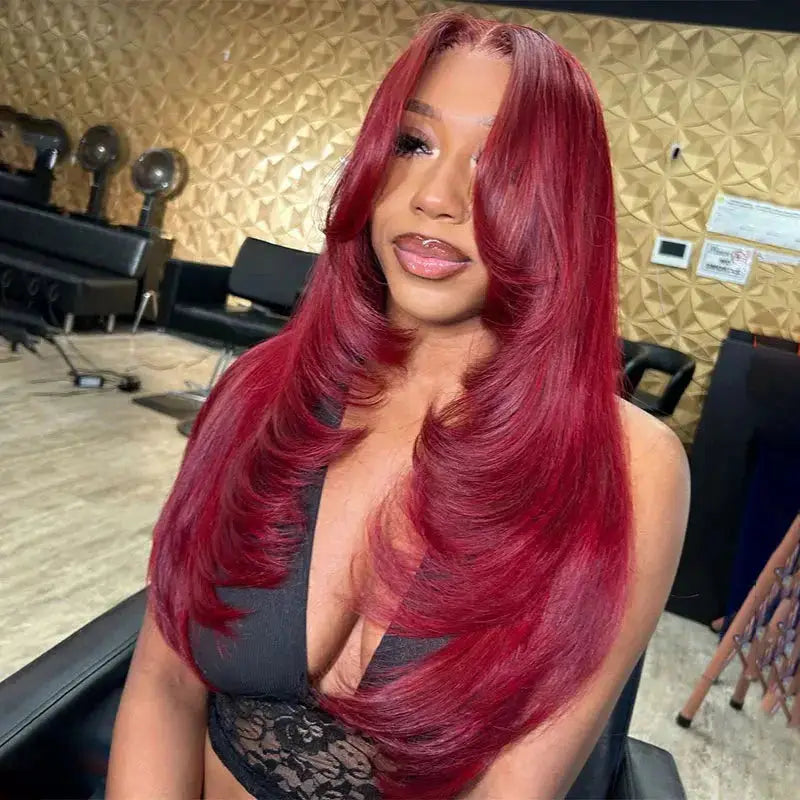 Glueless Burgundy Curtain Bangs Layer Cut HD Knotless Lace Wig BU HAIR LLC