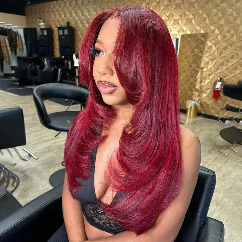 Glueless Burgundy Curtain Bangs Layer Cut HD Knotless Lace Wig BU HAIR LLC