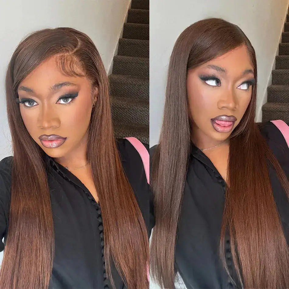 Glueless chocolate brown straight wig with HD invisible knots, worn by a model showcasing its natural hairline and sleek texture.