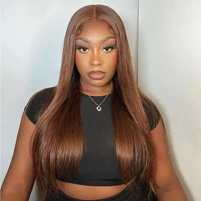 Chocolate brown straight glueless wig with a pre-plucked hairline, worn by a model for a natural and seamless look.