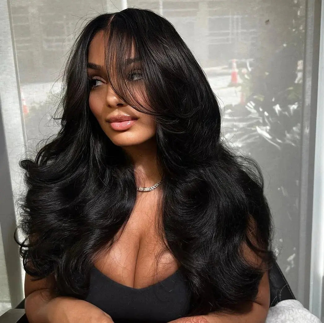 Pre-bleached natural black body wave wig with curtain bangs, offering a seamless and glueless wear & go experience - BU HAIR.