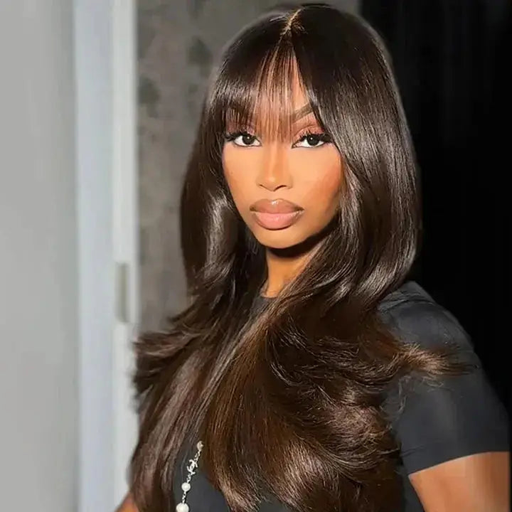 Glueless curtain bangs wig in #2 Dark Brown with body wave texture, featuring a soft fringe for a chic and effortless style.