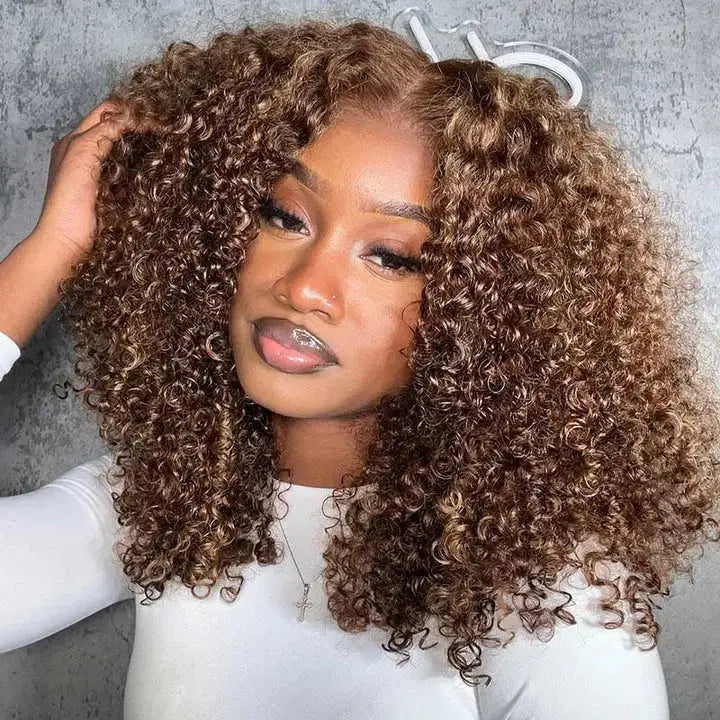 Glueless Kinky Curly 4/27 Brown Highlight Wear Go Pre-Cut 7*5 HD Wig BU HAIR LLC