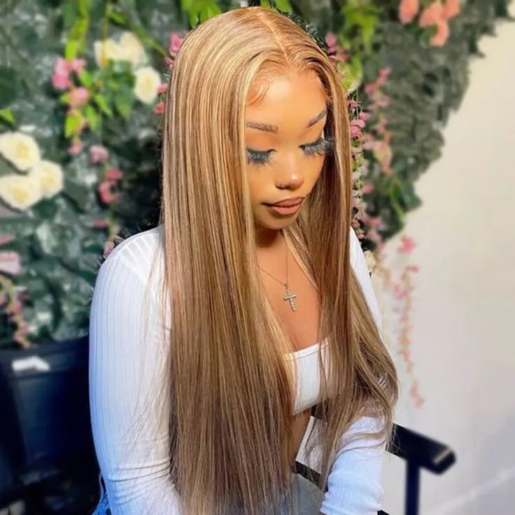 Glueless P4/27 Highlights Balayage Honey Blonde Brown Straight Wig BU HAIR LLC