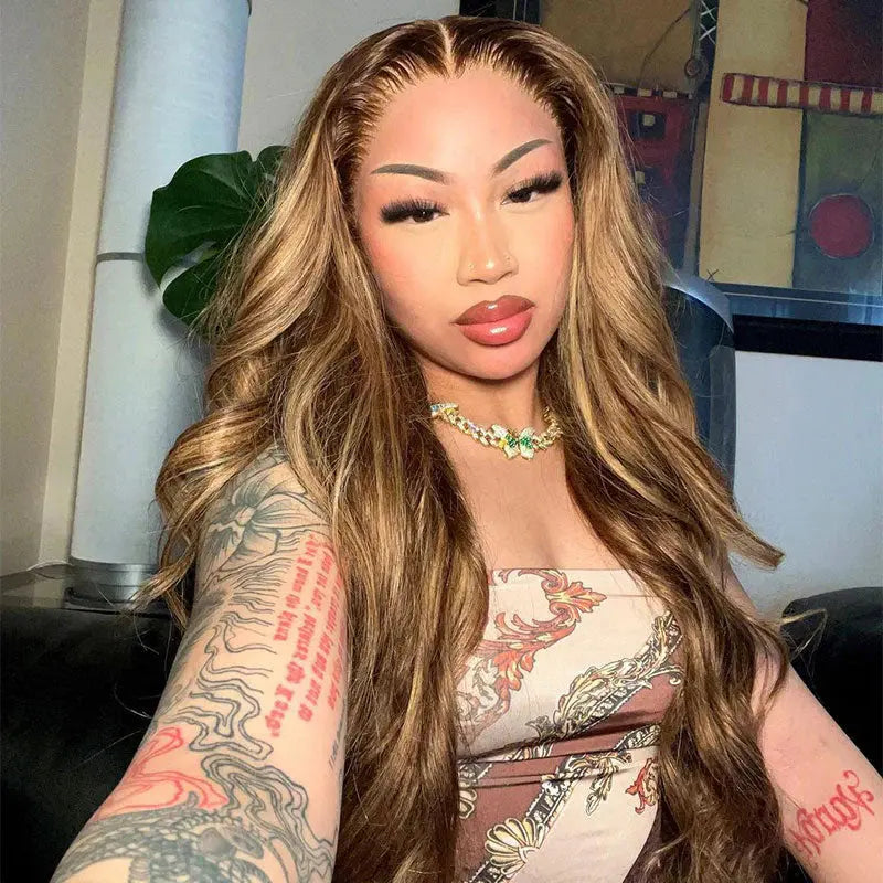 Glueless Piano Brown P4/27 Blonde Highlight Body Wave Human Hair Wig BU HAIR LLC