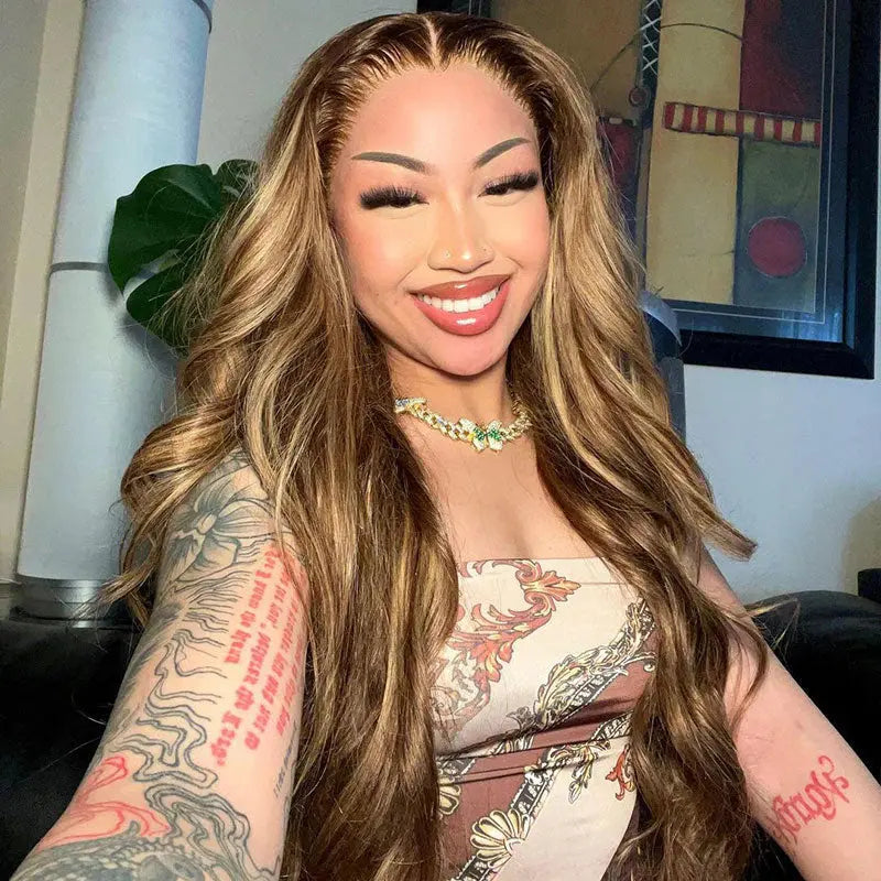 Glueless Piano Brown P4/27 Blonde Highlight Body Wave Human Hair Wig BU HAIR LLC