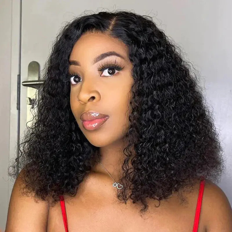 Short curly bob wig with a glueless design, offering a pre-bleached hairline and HD lace for an undetectable finish, perfect for beginners.
