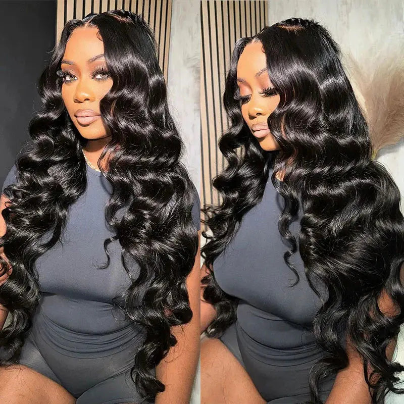Glueless Pre-Bleached 7*5 HD Lace Closure Body Wave wig with natural black color and 180% density, styled in voluminous waves for a flawless look.