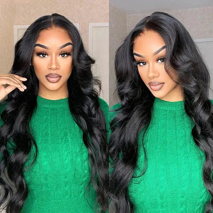 Luxury Glueless Pre-Bleached 7*5 HD Lace Closure Body Wave wig in natural black, featuring a soft body wave texture and beginner-friendly design.