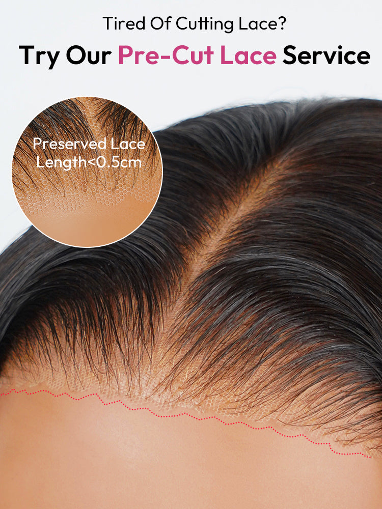 Advertisement for pre-cut lace service with preserved lace length on a hairline.