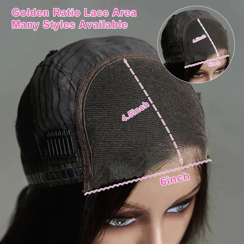 Golden ratio lace area design of the glueless HD lace closure wig, offering multiple styling options with a breathable cap structure.