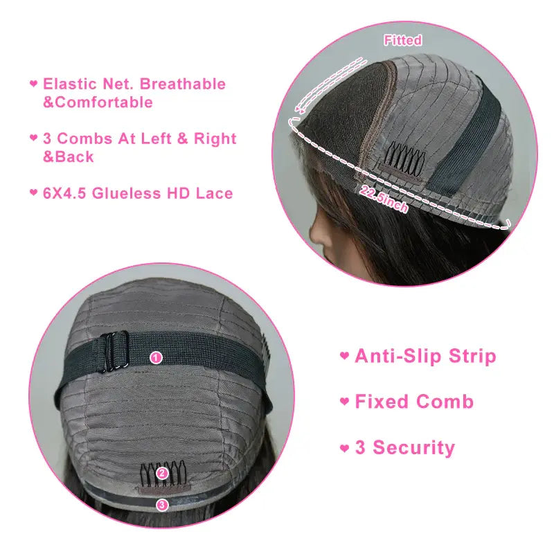 Detailed view of the glueless HD lace wig cap, featuring an elastic net, anti-slip strip, and secure combs for a comfortable fit.