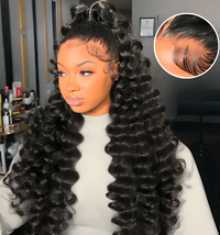 Woman with styled hair and close-up of hairline in a salon setting