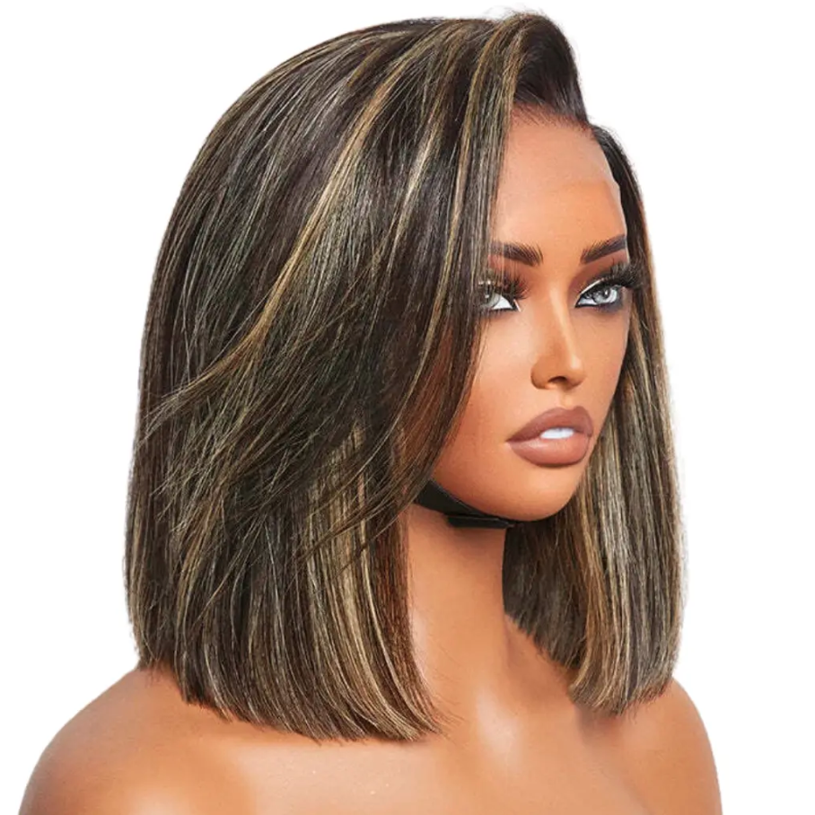 Mannequin head with a styled wig on a white background